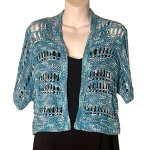 Chico's cropped woven ocean blues short sleeve cardigan sweater